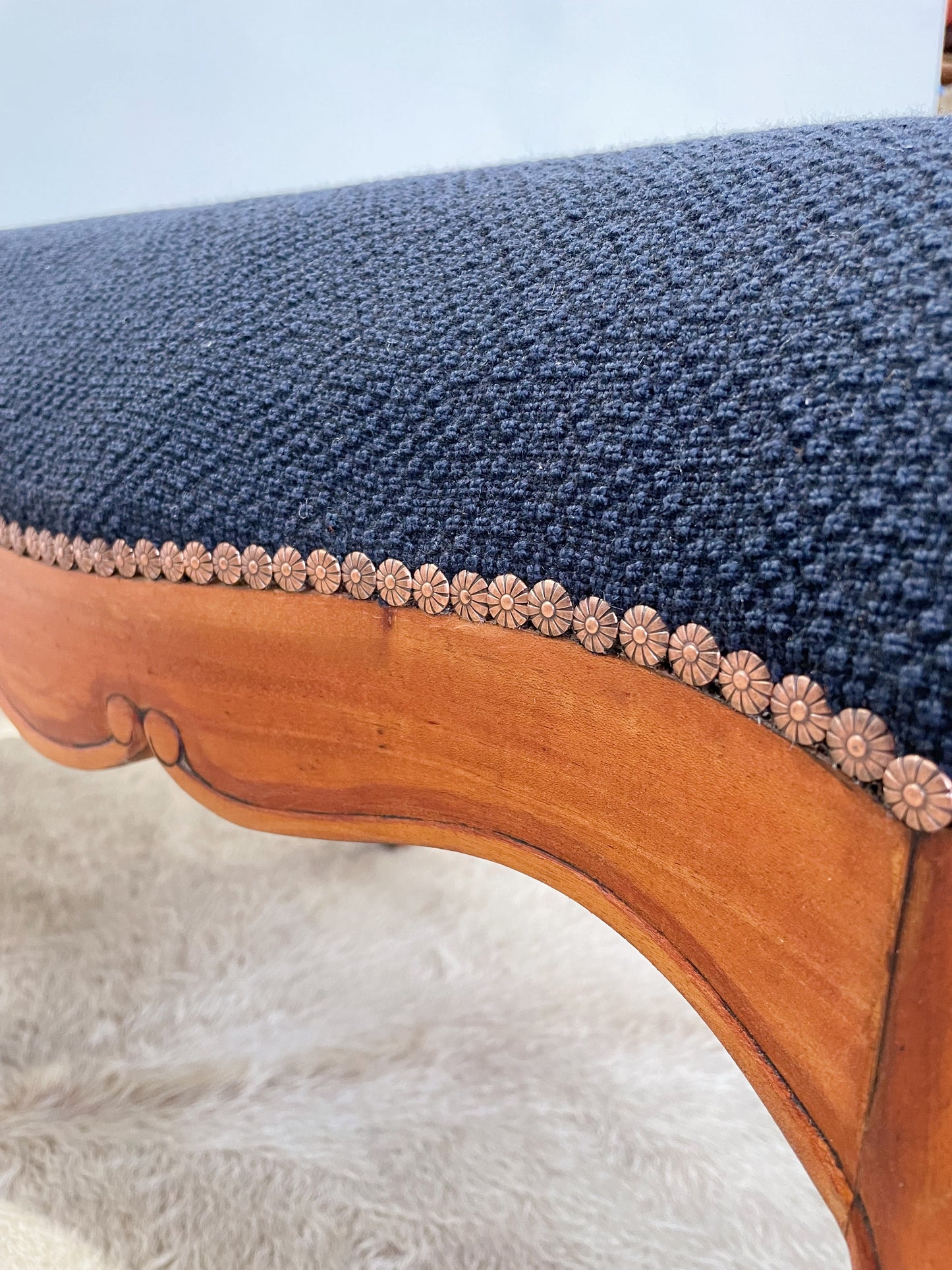 Tasmanian Blackwood hallway bench refurbished in Melbourne with navy wool designer homewares