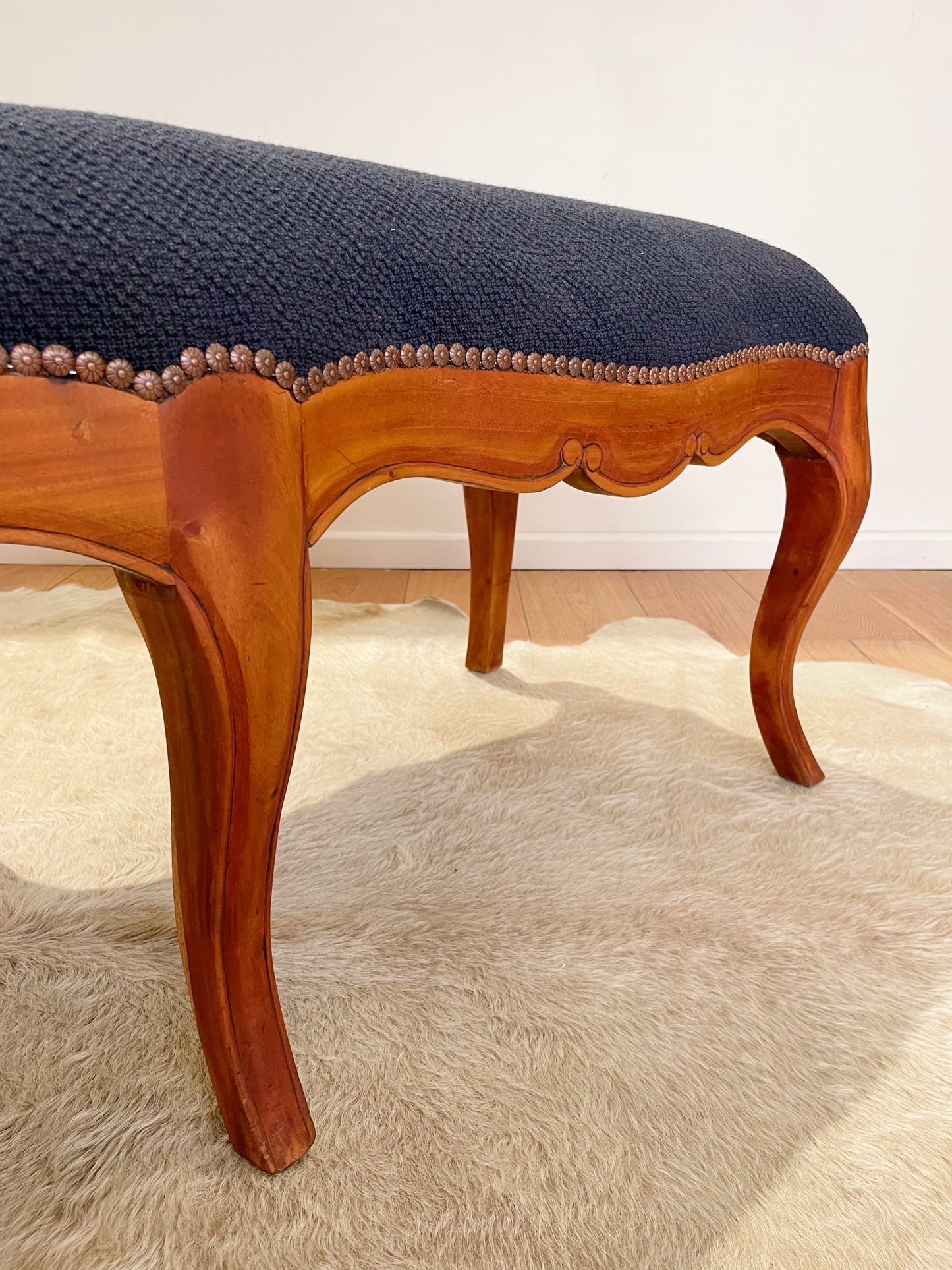 Tasmanian Blackwood hallway bench refurbished in Melbourne with navy wool designer homewares