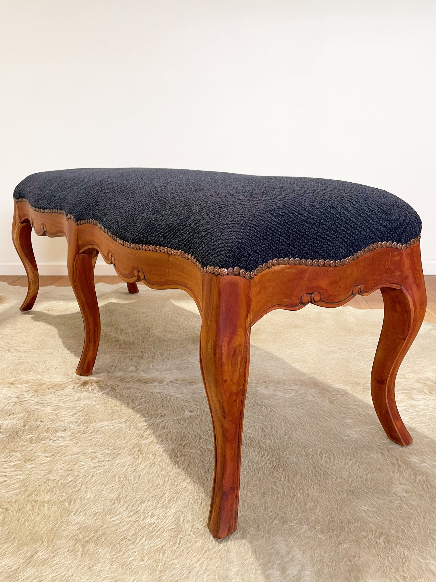Tasmanian Blackwood hallway bench refurbished in Melbourne with navy wool designer homewares