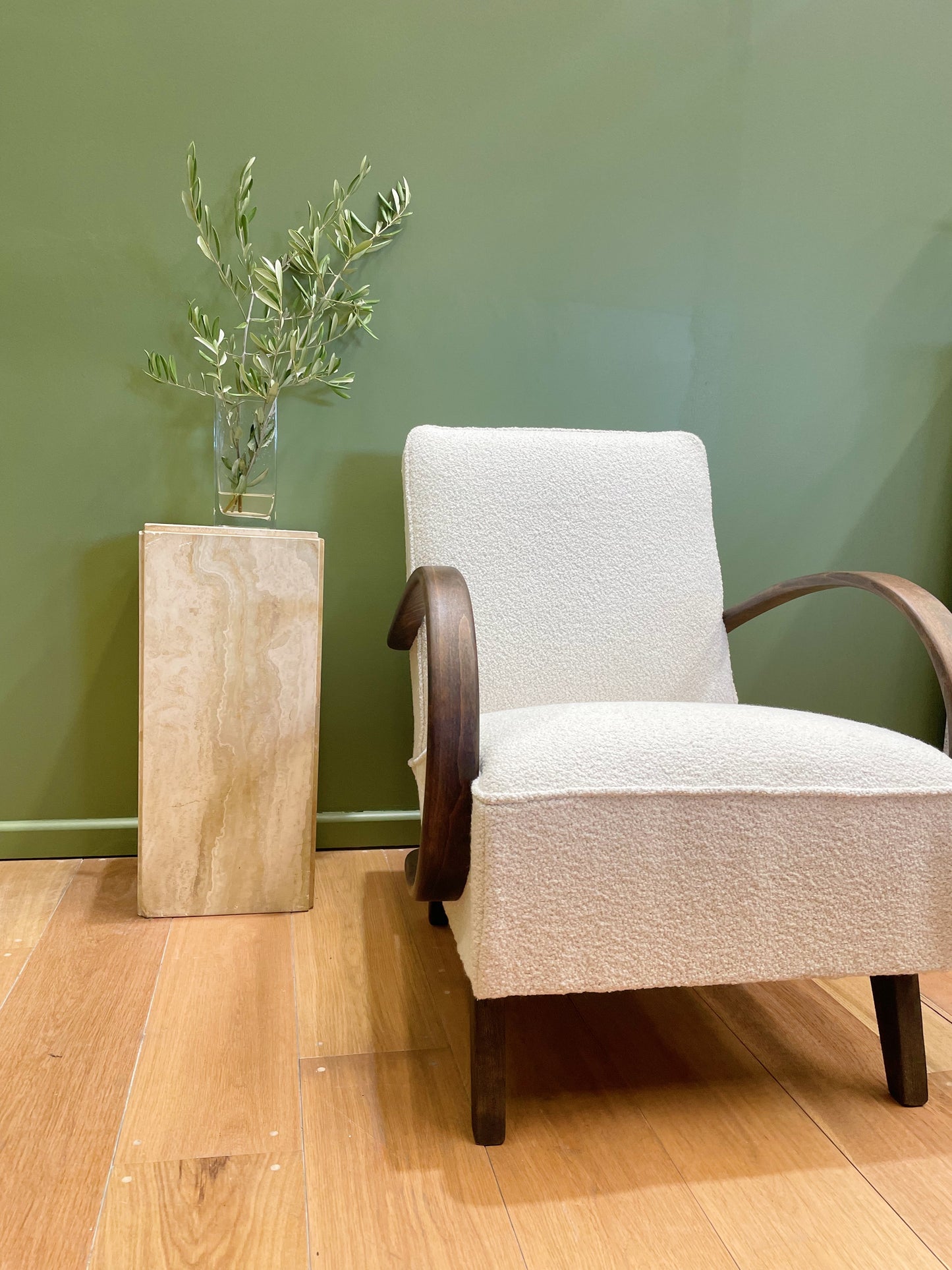 Reupholstered white boucle midcentury Halabala chair