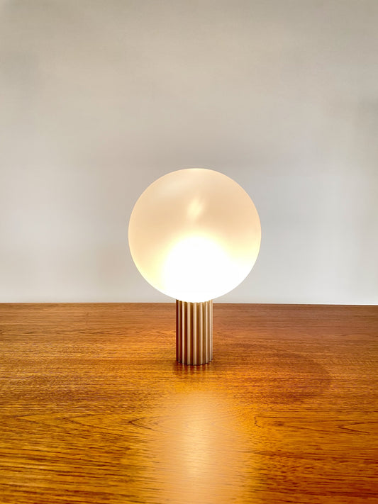 Attelos designer lamp fabricated in Melbourne/Naarm, fluted metal and LED sphere