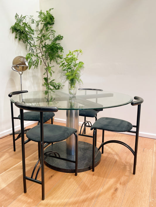 Glass top dining table with steel stem and polished stone base, Italian 1980s