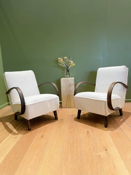 Pair of 1930s Jindřich Halabala armchairs, midcentury designer Czech white boucle chairs with winged arms