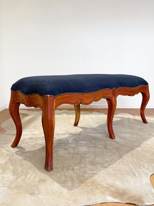 Tasmanian Blackwood hallway bench refurbished in Melbourne with navy wool designer homewares